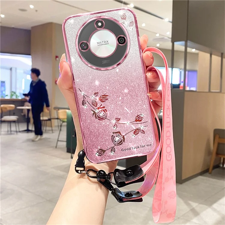 KADEM For Honor X60 5G Case Flower Pattern TPU Gradient Phone Cover with Lanyards - Rose Gold