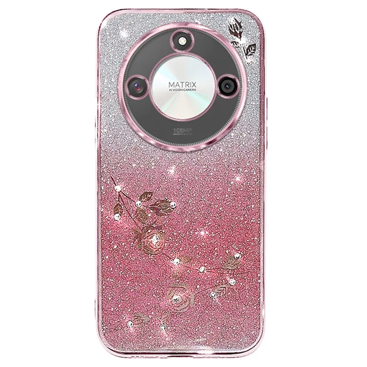 KADEM For Honor X60 5G Case Flower Pattern TPU Gradient Phone Cover with Lanyards - Rose Gold