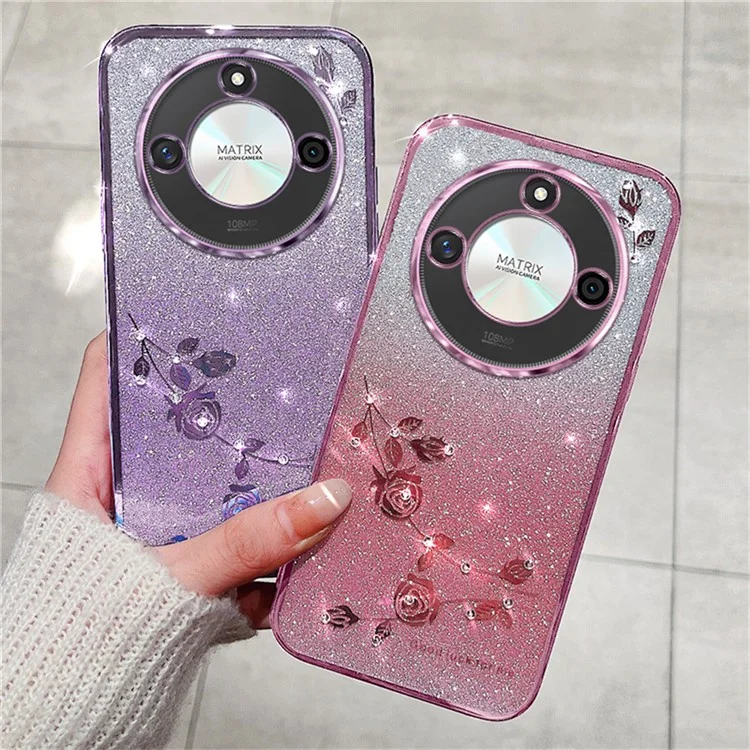 KADEM For Honor X60 5G Case Flower Pattern TPU Gradient Phone Cover with Lanyards - Rose Gold