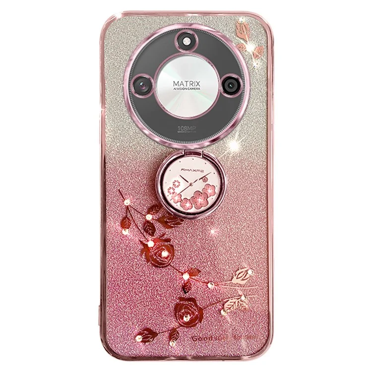 Capa KADEM For Honor X60 5G com suporte em anel, TPU, flores e brilho degradê - Rosa Gold