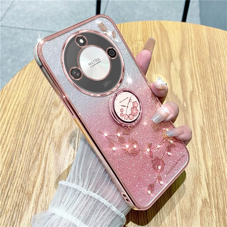 Capa KADEM For Honor X60 5G com suporte em anel, TPU, flores e brilho degradê - Rosa Gold