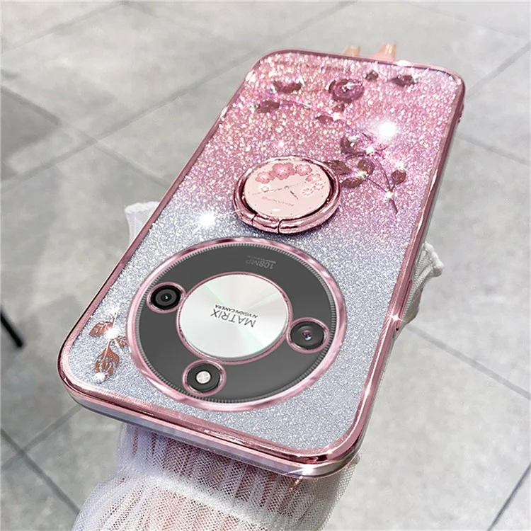 Capa KADEM For Honor X60 5G com suporte em anel, TPU, flores e brilho degradê - Rosa Gold