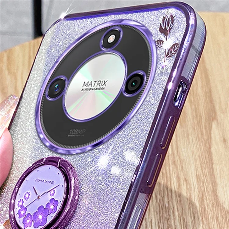 Capa KADEM For Honor X60 5G com suporte em anel, TPU, flores e brilho degradê - Rosa Gold