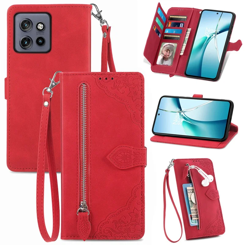 Case For Motorola Edge 60 Neo 5G / Edge 50 Neo 5G / Moto S50 5G / Thinkphone 25 5G Zipper Wallet PU Leather Flower Imprint Phone Cover - Red
