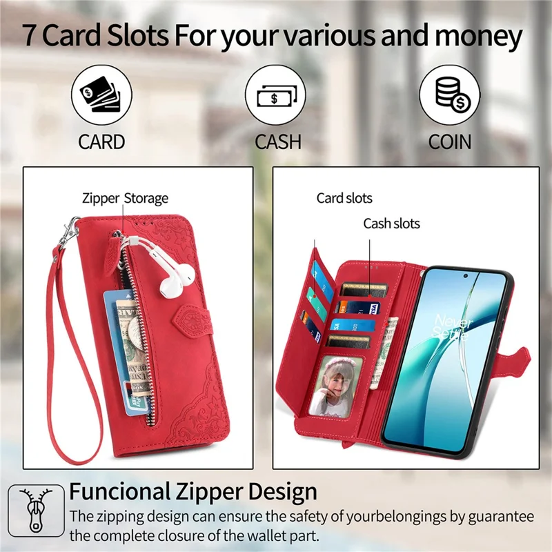 Case For Motorola Edge 60 Neo 5G / Edge 50 Neo 5G / Moto S50 5G / Thinkphone 25 5G Zipper Wallet PU Leather Flower Imprint Phone Cover - Red