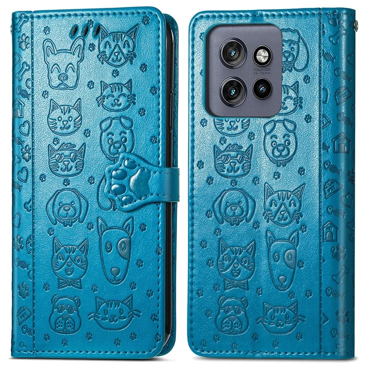 Flip cover for Motorola Edge 50 Neo 5G made of faux leather with a cute pattern of cats and dogs - blue