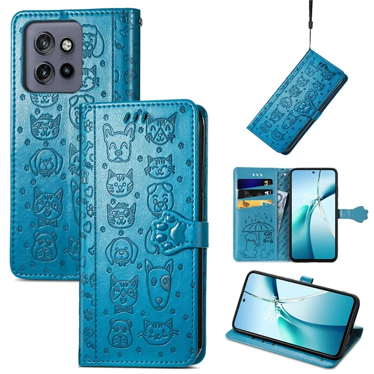 Flip cover for Motorola Edge 50 Neo 5G made of faux leather with a cute pattern of cats and dogs - blue