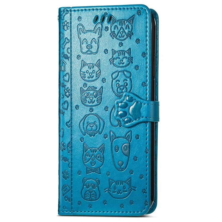 Flip cover for Motorola Edge 50 Neo 5G made of faux leather with a cute pattern of cats and dogs - blue