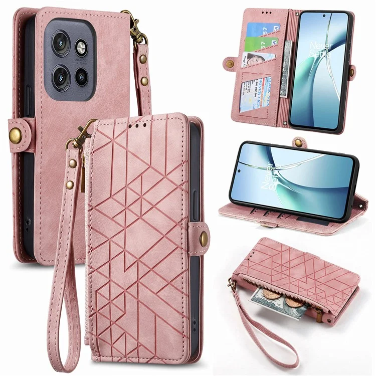 Étui portefeuille à fermeture éclair avec motif géométrique pour Motorola Edge 50 Neo 5G - Rose