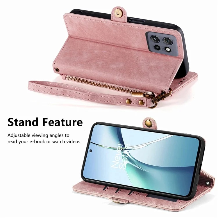 Étui portefeuille à fermeture éclair avec motif géométrique pour Motorola Edge 50 Neo 5G - Rose