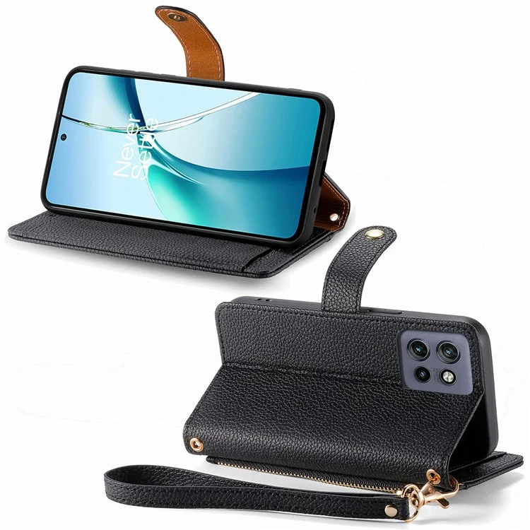 Étui portefeuille en cuir avec poche zippée antiRFID pour Motorola Edge 50 Neo 5G - Noir