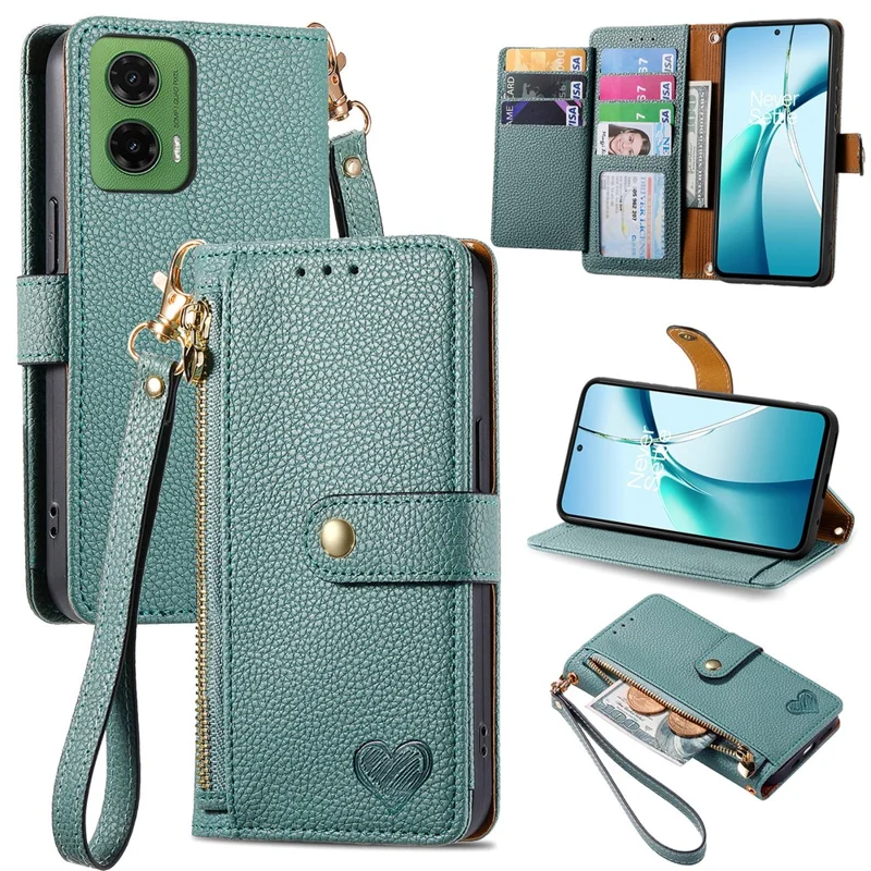 For Motorola Moto G35 5G Case RFID Blocking Zipper Pocket Leather Wallet Phone Cover - Green