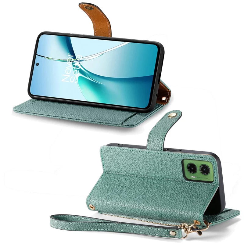 For Motorola Moto G35 5G Case RFID Blocking Zipper Pocket Leather Wallet Phone Cover - Green