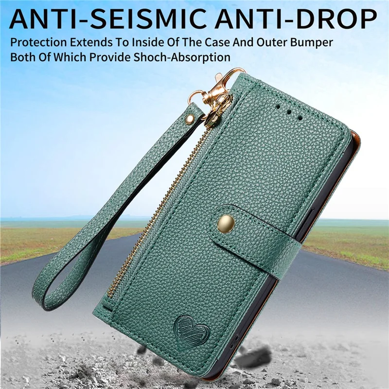 For Motorola Moto G35 5G Case RFID Blocking Zipper Pocket Leather Wallet Phone Cover - Green