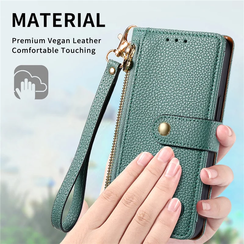 For Motorola Moto G35 5G Case RFID Blocking Zipper Pocket Leather Wallet Phone Cover - Green