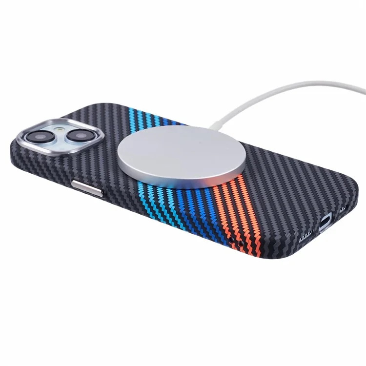 Per iPhone 14 Case Compatibile con MagSafe Texture in Fibra di Carbonio Trasferimento Idrico PC Phone Cover - Baby Blue+Dark Blue+Red
