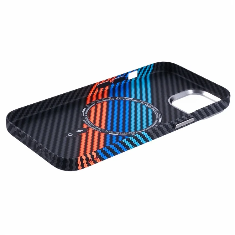 Per iPhone 14 Case Compatibile con MagSafe Texture in Fibra di Carbonio Trasferimento Idrico PC Phone Cover - Baby Blue+Dark Blue+Red
