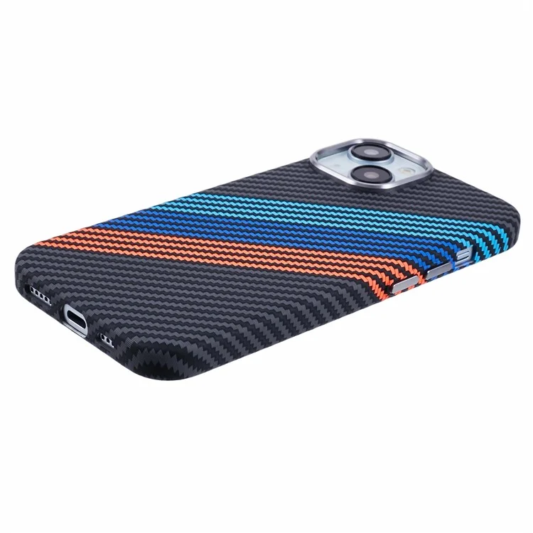 Per iPhone 14 Case Compatibile con MagSafe Texture in Fibra di Carbonio Trasferimento Idrico PC Phone Cover - Baby Blue+Dark Blue+Red