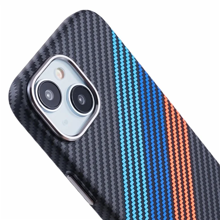 Per iPhone 14 Case Compatibile con MagSafe Texture in Fibra di Carbonio Trasferimento Idrico PC Phone Cover - Baby Blue+Dark Blue+Red