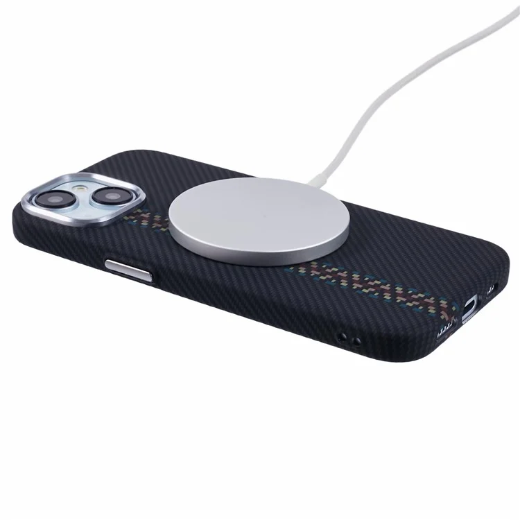 Per iPhone 14 Case Compatibile con MagSafe Texture in Fibra di Carbonio Trasferimento Acqua PC Cover per Telefono - Colorato + Strisce Nere