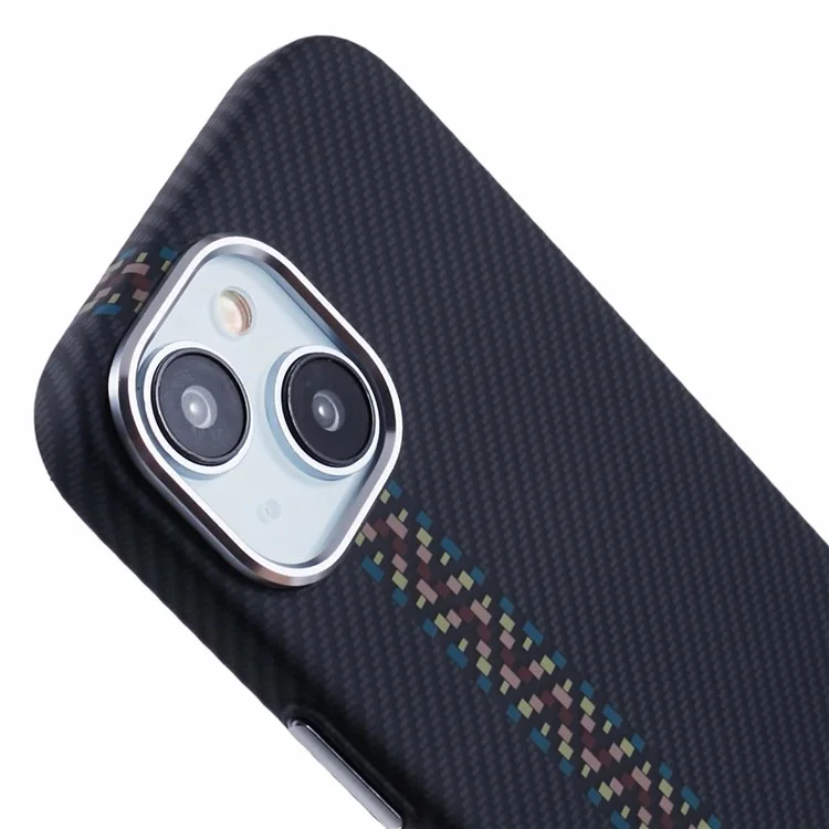 Per iPhone 14 Case Compatibile con MagSafe Texture in Fibra di Carbonio Trasferimento Acqua PC Cover per Telefono - Colorato + Strisce Nere
