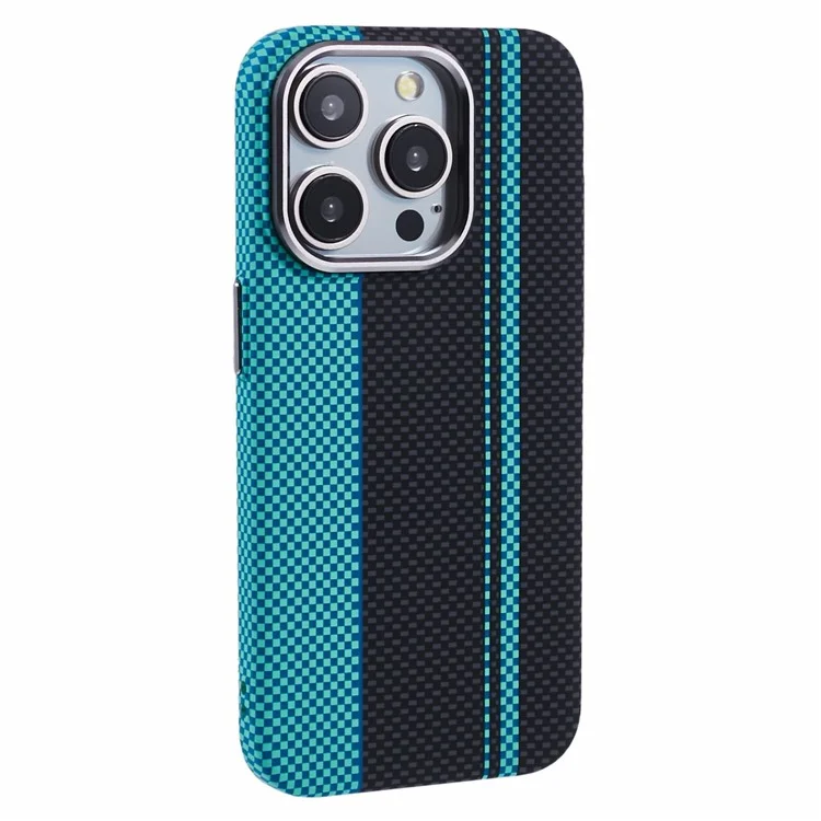 Funda para iPhone 14 Pro compatible con MagSafe, con textura de fibra de carbono y transferencia de agua, cubierta de teléfono de PC - Azul+Rayas Negras