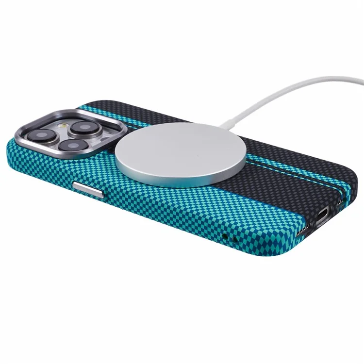 Funda para iPhone 14 Pro compatible con MagSafe, con textura de fibra de carbono y transferencia de agua, cubierta de teléfono de PC - Azul+Rayas Negras