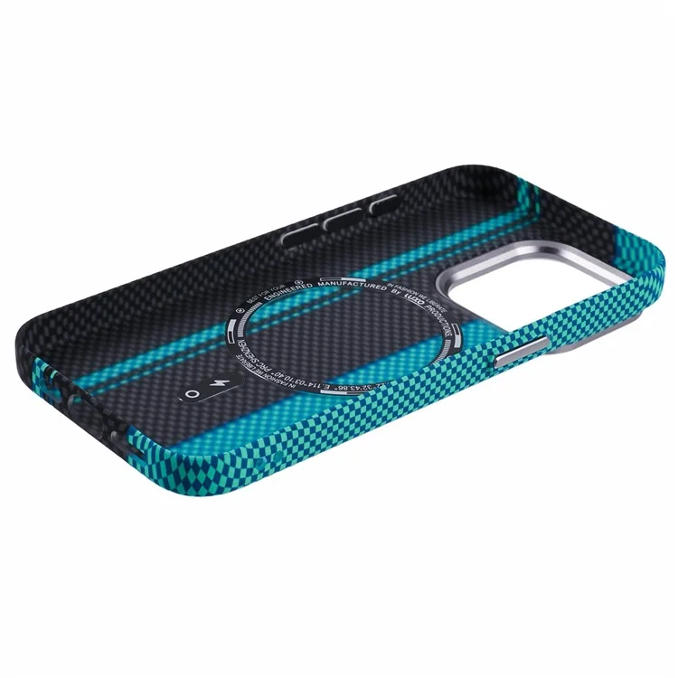 Funda para iPhone 14 Pro compatible con MagSafe, con textura de fibra de carbono y transferencia de agua, cubierta de teléfono de PC - Azul+Rayas Negras