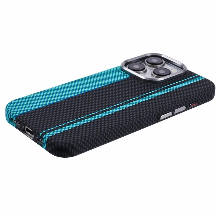 Funda para iPhone 14 Pro compatible con MagSafe, con textura de fibra de carbono y transferencia de agua, cubierta de teléfono de PC - Azul+Rayas Negras