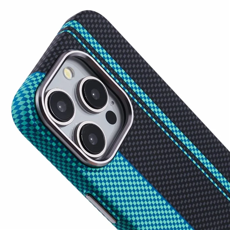 Funda para iPhone 14 Pro compatible con MagSafe, con textura de fibra de carbono y transferencia de agua, cubierta de teléfono de PC - Azul+Rayas Negras