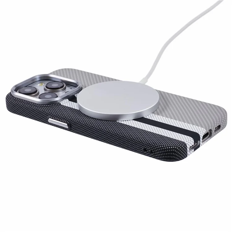 For iPhone 12 / 12 Pro Case Compatible with MagSafe Carbon Fiber Texture Water-Transfer PC Phone Cover - Grey Vertical Stripes