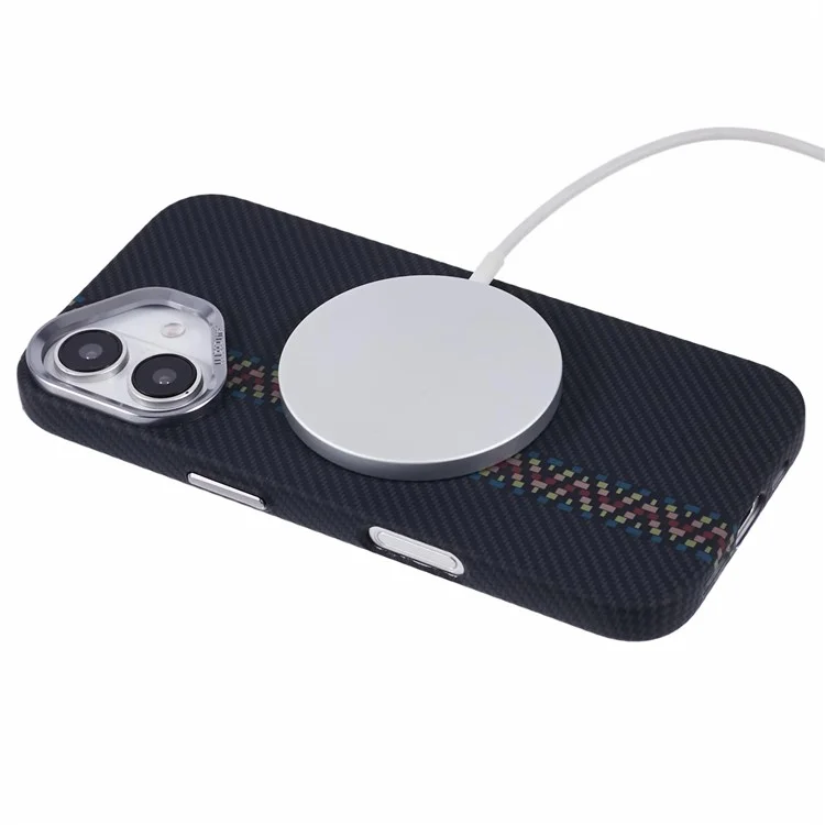 For iPhone 16 Plus Case Compatible with MagSafe Carbon Fiber Texture Water-Transfer PC Phone Cover - Colorful+Black Stripes