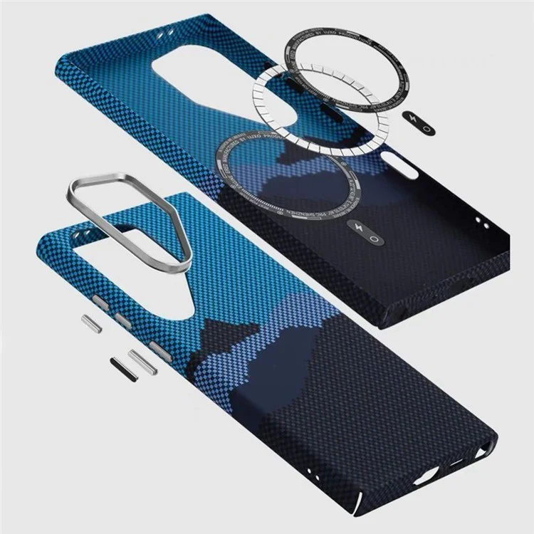 Per il caso Samsung Galaxy S23 Ultra compatibile con MagSafe Carbon Fiber Texture Water-Transfer PC Phone Cover - Blue Peak