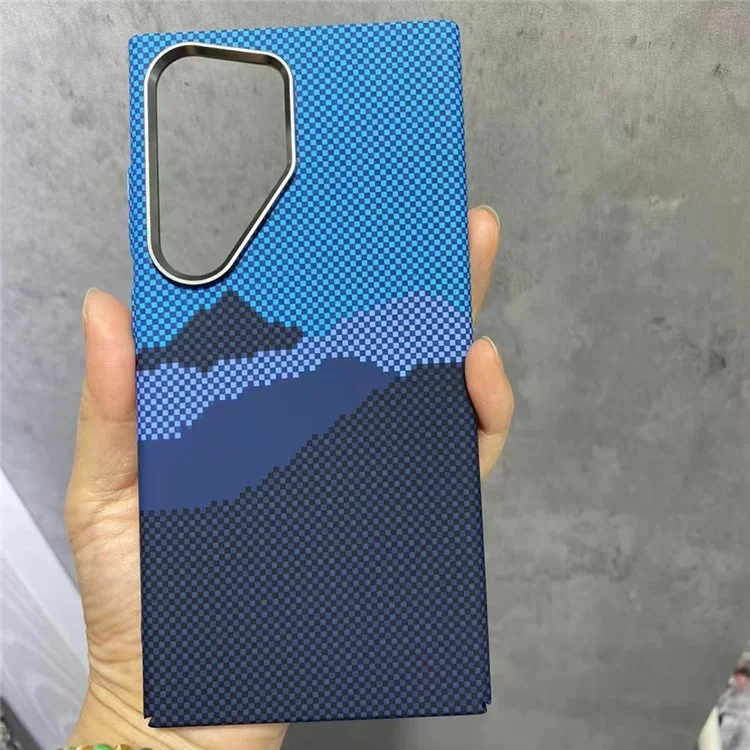 Per il caso Samsung Galaxy S23 Ultra compatibile con MagSafe Carbon Fiber Texture Water-Transfer PC Phone Cover - Blue Peak