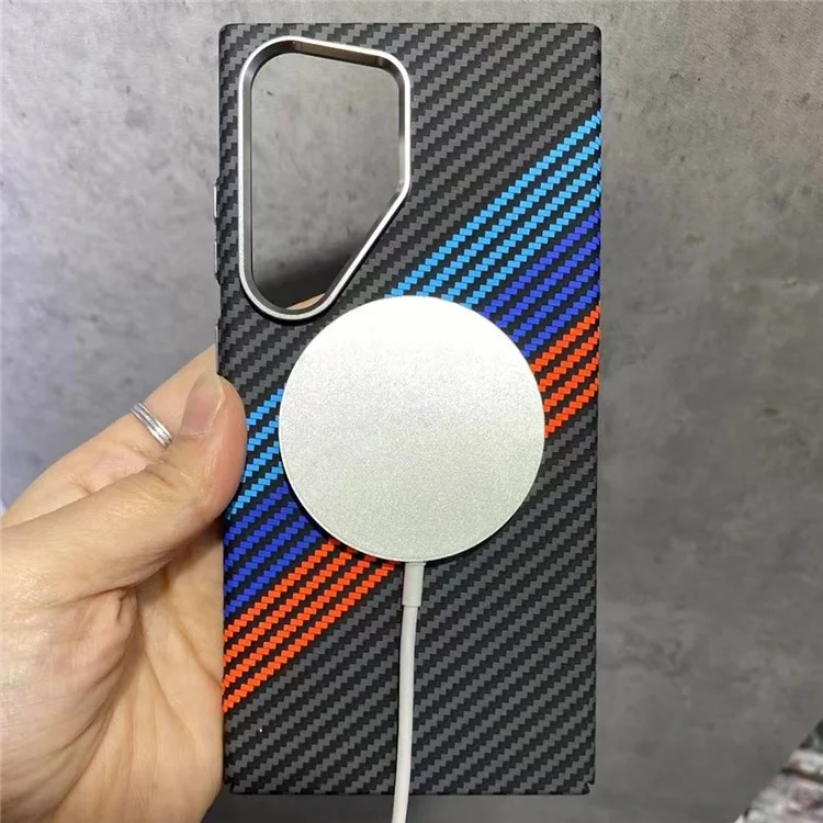 Per il caso Samsung Galaxy S23 Ultra compatibile con MagSafe Carbon Fiber Texture Water-Transfer PC Phone Cover - Blue Peak