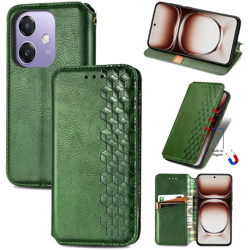 For Oppo A3x 4G / 5G Case Rhombus Imprint PU Leather Wallet Phone Cover - Green