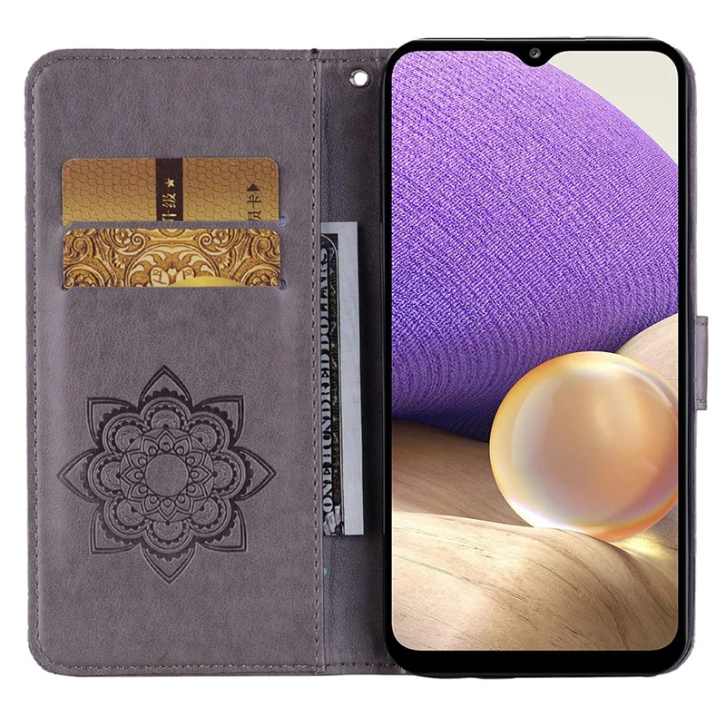 For Samsung Galaxy S24 FE Wallet Case Owl Flower Imprinted Rhinestone Leather Cover - Grey