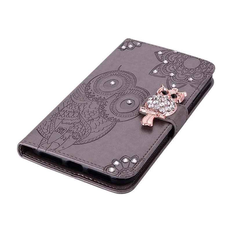 For Samsung Galaxy S24 FE Wallet Case Owl Flower Imprinted Rhinestone Leather Cover - Grey