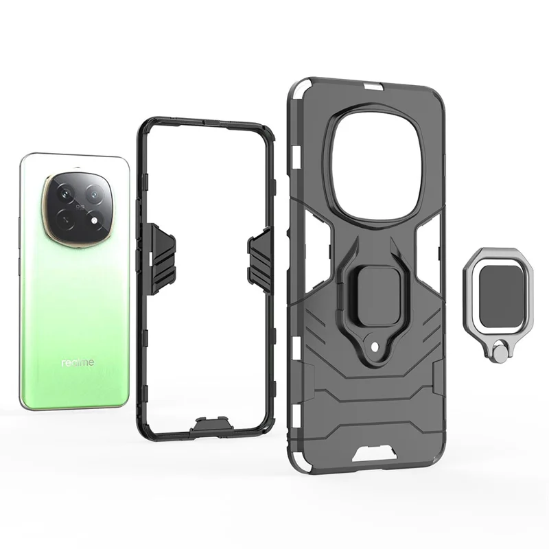 For Realme P2 Pro 5G Case PC+TPU Protective Phone Cover with Ring Kickstand - Black