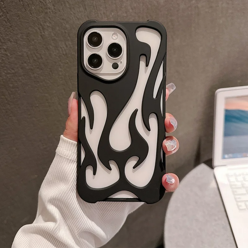 For iPhone 15 Pro Max Case Hollow Flame Design Matte TPU Phone Cover - Black