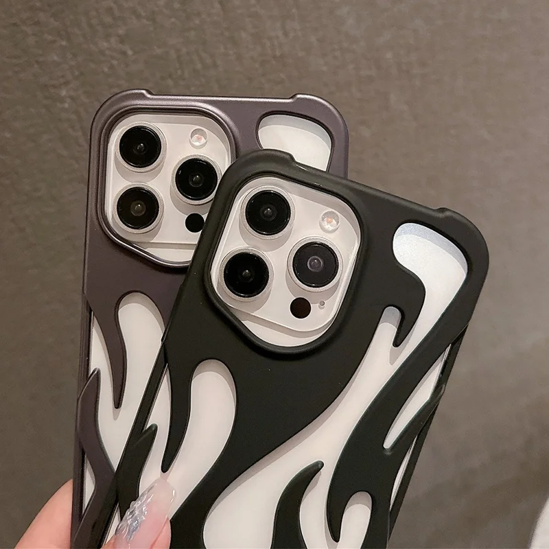 For iPhone 15 Pro Max Case Hollow Flame Design Matte TPU Phone Cover - Black