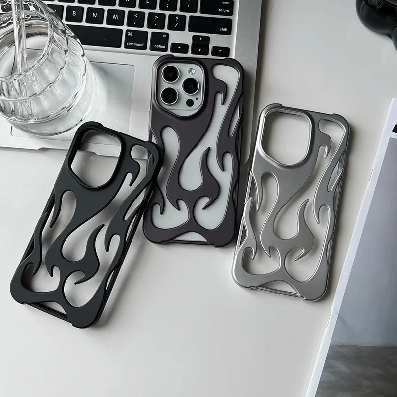 For iPhone 15 Pro Max Case Hollow Flame Design Matte TPU Phone Cover - Black