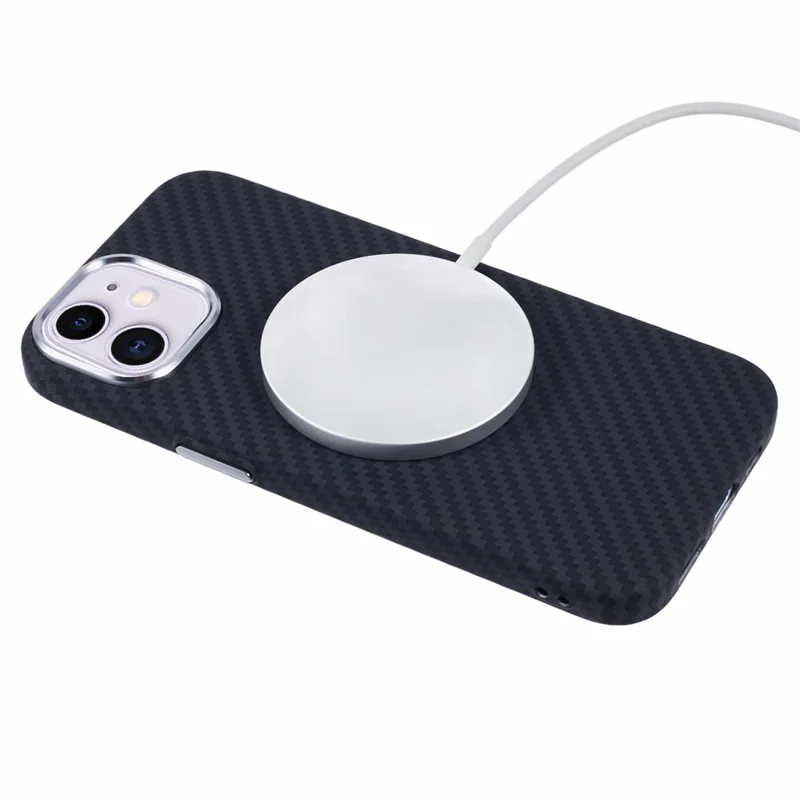 For iPhone 11 Case Compatible with MagSafe Carbon Fiber Texture Water-Transfer PC Phone Cover - Black