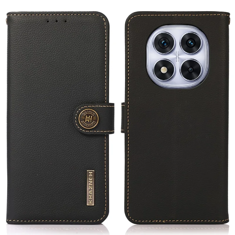 KHAZNEH For Xiaomi Redmi Note 14 Pro 4G Case Genuine Cow Leather RFID Blocking Wallet Phone Cover - Black
