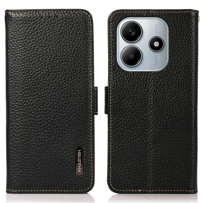 KHAZNEH For Xiaomi Redmi Note 14 4G (163.25mm) Phone Case Genuine Cow Leather Cover RFID Blocking - Black