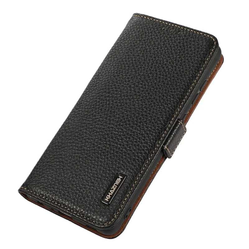 KHAZNEH For Xiaomi Redmi Note 14 4G (163.25mm) Phone Case Genuine Cow Leather Cover RFID Blocking - Black