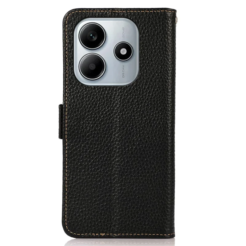 KHAZNEH For Xiaomi Redmi Note 14 4G (163.25mm) Phone Case Genuine Cow Leather Cover RFID Blocking - Black