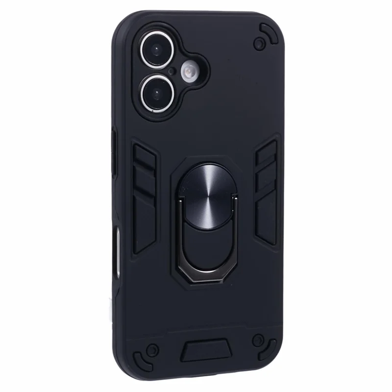 For iPhone 16 Case PC+TPU Drop Defend Phone Cover with Ring Kickstand - Black