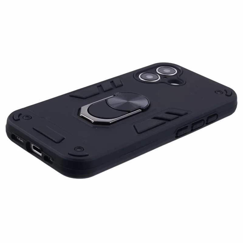 For iPhone 16 Case PC+TPU Drop Defend Phone Cover with Ring Kickstand - Black