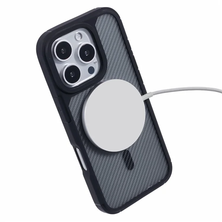 For iPhone 16 Pro Phone Case Compatible with MagSafe Carbon Fiber Texture TPU+PC Mobile Cover